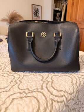 Tory Burch Black Leather Dome Satchel with Gold Hardware